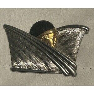 1986 JJ Art Deco Erte Inspired Brooch of Fashionable Lady w Enameled Cloche Pin